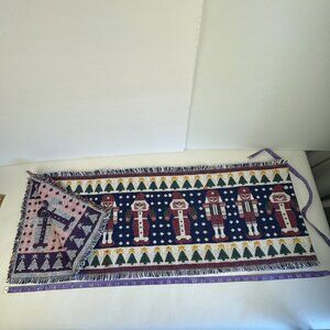 Vtg‎ Woven Christmas Holiday Table Runner Fringe Nutcracker Santa Soldier Rustic